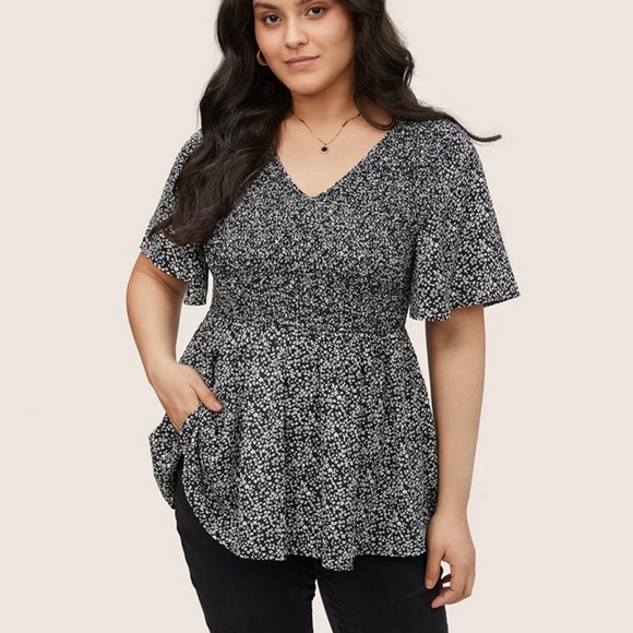 BloomChic Plus Size Ditsy Floral Shirred Ruffle Sleeve Elastic Waist Blouse - Picture 1 of 7